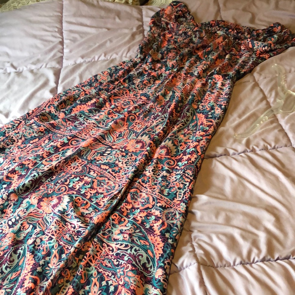 Pink and teal paisley off-the-shoulder dress